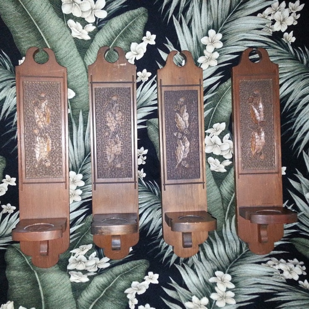 Vintage Hand Carved Wooden Wall Candle Sconces